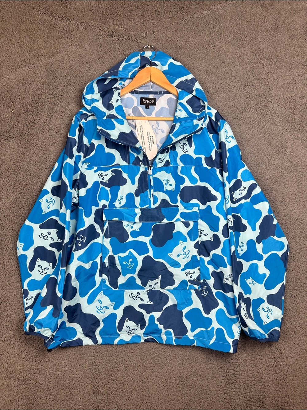 Ripndip Nerm Camo Fanorak Blue Camo Hooded Windbreaker Jacket Mens Large NEW